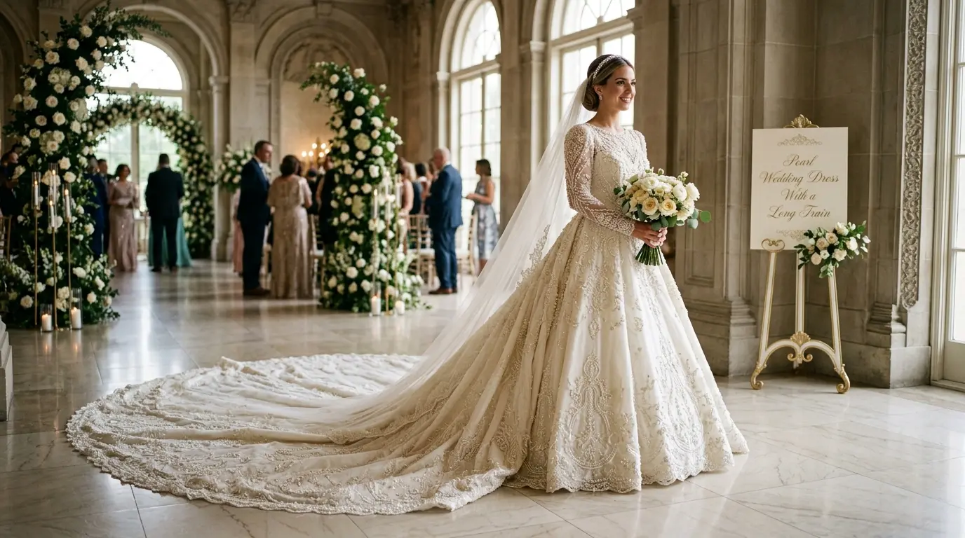 Pearl Wedding Dress with a Long Train